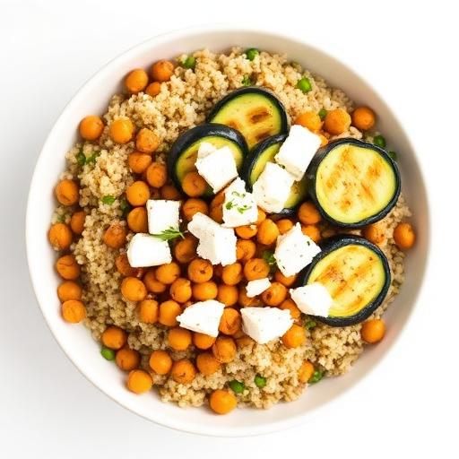 Quinoa bowl, cumin-roasted chickpeas, grilled zucchini, feta, lemon olive oil dressing