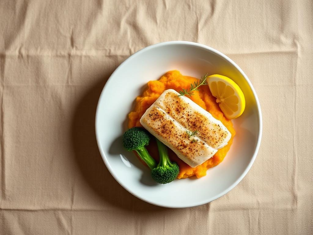 Steamed cod fillet, mashed sweet potato, garlic broccoli