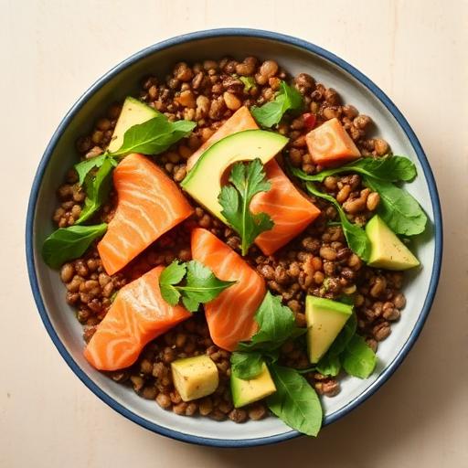Lentil salad, smoked salmon, avocado, arugula, mustard vinaigrette