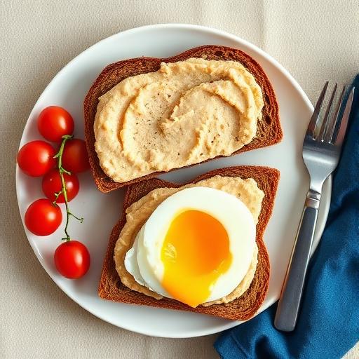 Whole-grain toast, hummus, cherry tomatoes, 1 soft-boiled egg