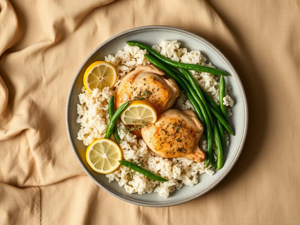 Lemon-thyme chicken skillet, green beans, whole-grain basmati rice
